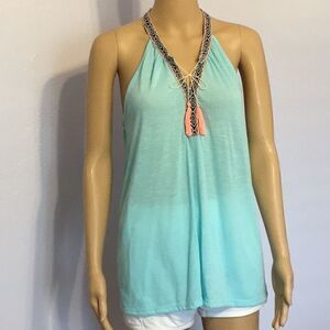 Rue 21 Medium baby blue top w/peach tassels